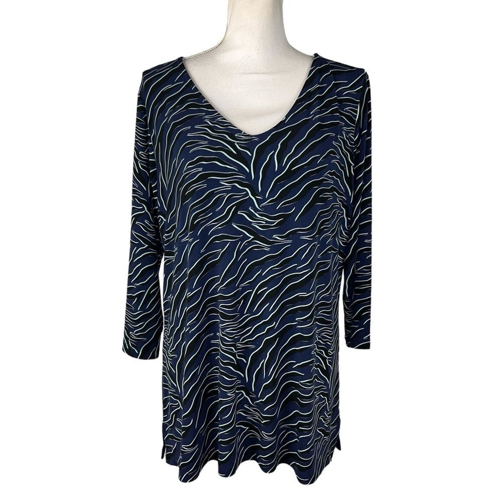 IMAN Blue White Stretch Tunic Large V Neck Comfortable Office Casual